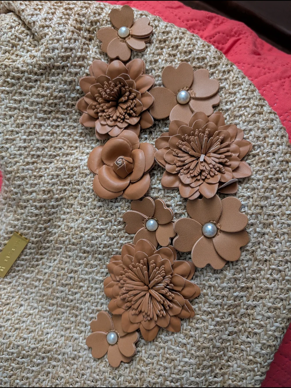 Woven Beige Straw Hobo Bag with Tan Floral Appliqués